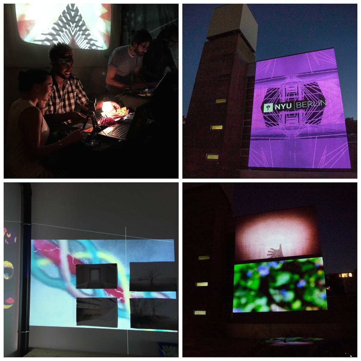 Four images showing examples of multimedia projects including 3D projection mapping by Max Nova.